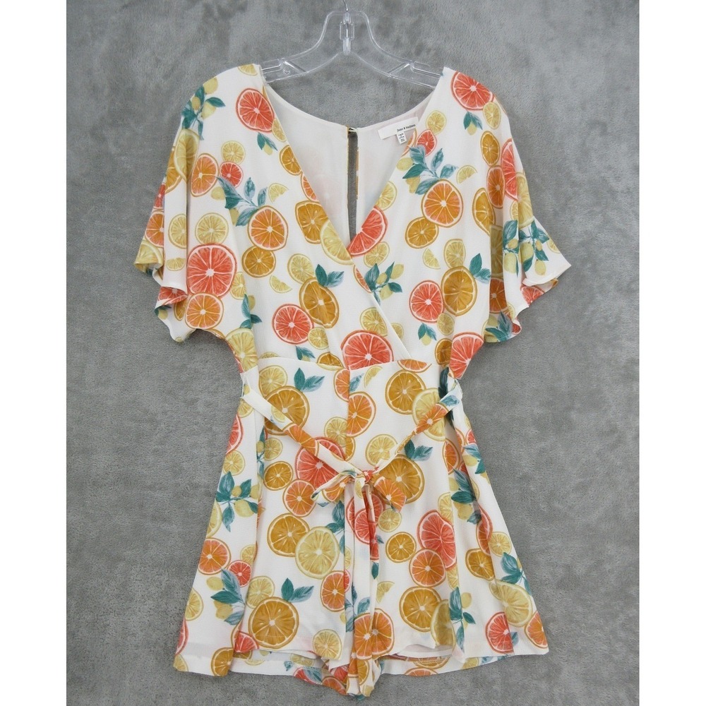 June & Hudson Romper Women Medium White Citrus Fruit Retro Pin Up Belted Orange